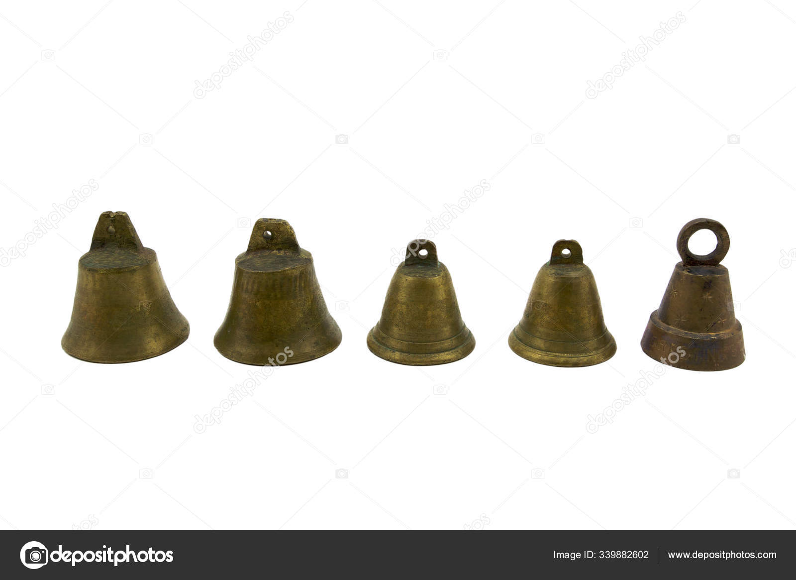 Five Small Brass Bells Lined Row White Background Stock Photo by