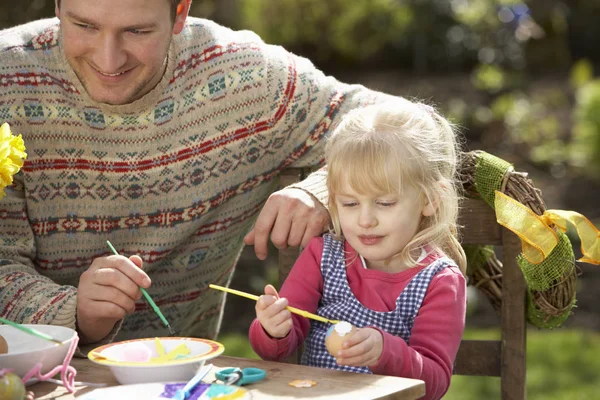 Father Daughter Decorating Easter Eggs Table Outdoors — Stock Photo, Image