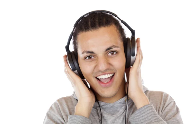 Glückliche Junge Afrikaner Mit Kopfhörer Mp3 Musik Freigestellt Auf Weißem — Stockfoto