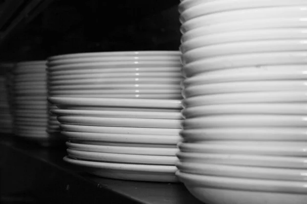 Stacked White Plates Shelf Kitchen — Stock Photo, Image