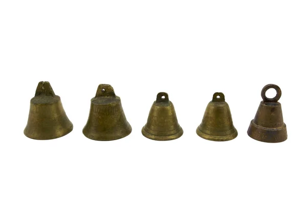 Five Small Brass Bells Lined Row White Background — Stock Photo, Image