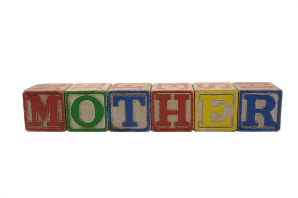 Blocs Alphabet Bois Alignés Dans Une Ligne Orthographe Mère — Photo