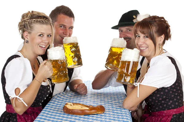 Bavarian Men Women Drink Happy Oktoberfest Stein Beer Aislado Sobre — Foto de Stock