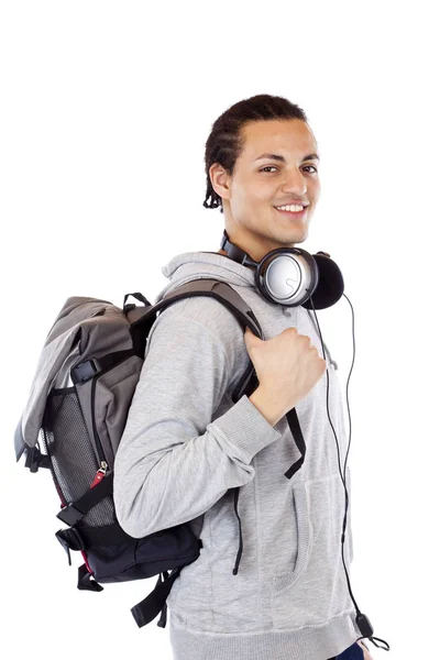 Jovem Negro Com Mochila Fones Ouvido Sorrindo Contente Isolado Fundo — Fotografia de Stock