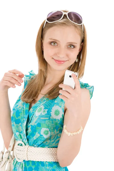 Mulher Adolescente Com Telefone Celular Usar Vestido Verão — Fotografia de Stock