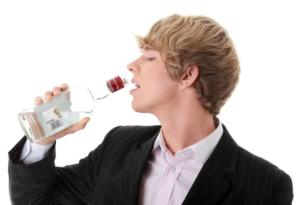 Jonge Kaukasische Zakenman Met Fles Wodka Dronken Geïsoleerd Witte Achtergrond — Stockfoto