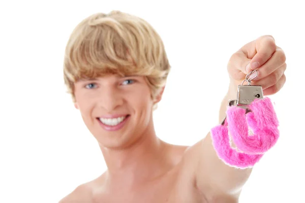 Young Caucasian Man Pink Handcuff Isolated White — Stock Photo, Image