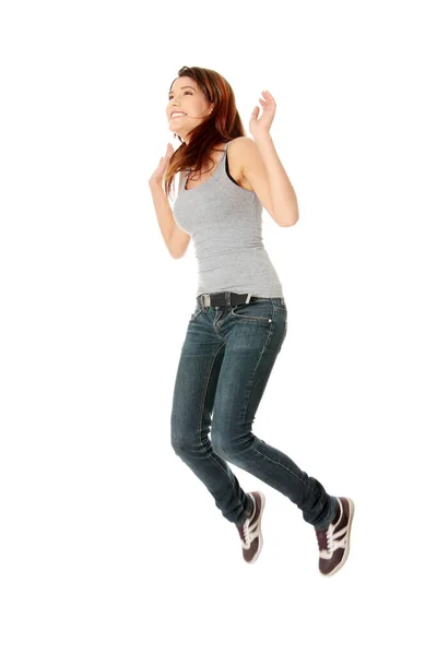 Jumping Happy Teen Girl Isolated White Background — Stock Photo, Image