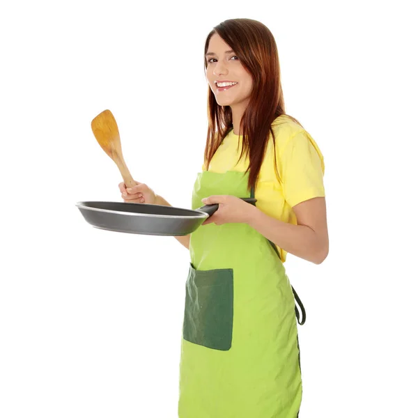 Jovem Cozinhando Comida Saudável Isolada Branco — Fotografia de Stock