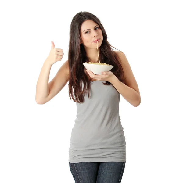 Young Beautiful Woman Eating Spaghetti Isolated White Background — Stockfoto