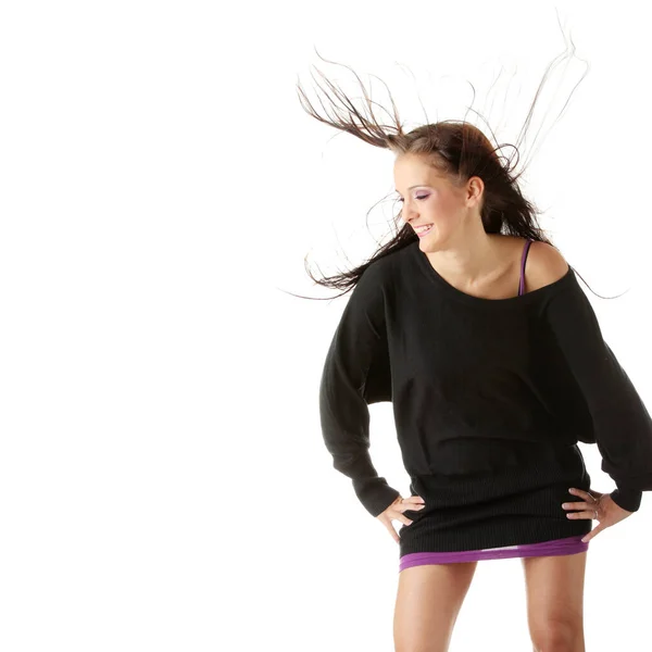 Mujer Joven Bailando Con Viento Sus Cabellos Aislados Blanco — Foto de Stock