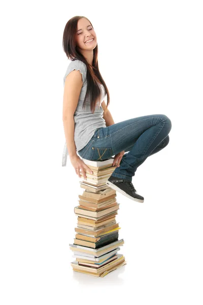 Joven Adolescente Mujer Sentado Libros Aislado — Foto de Stock