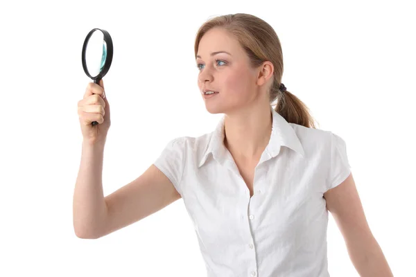 Vrouw Met Een Vergrootglas Een Hand Geïsoleerde Achtergrond — Stockfoto