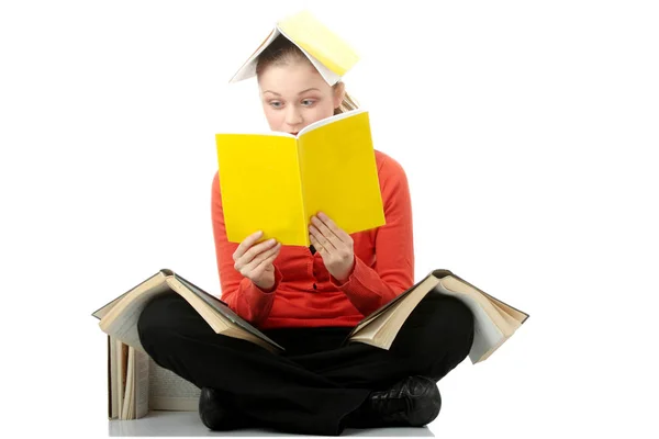 Jovem Estudante Mulher Com Livros Todo Seu Corpo Isolado Branco — Fotografia de Stock