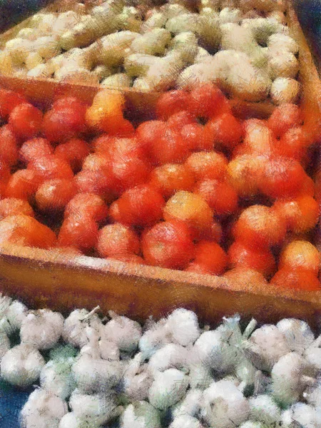 Rysunek Pastelowy Ziemniaków Czosnkowych Pomidorów Stoisku Warzywnym — Zdjęcie stockowe