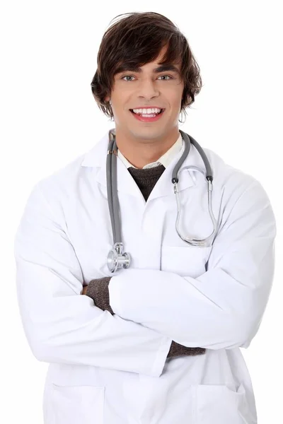 Guapo Feliz Joven Médico Aislado Sobre Fondo Blanco — Foto de Stock