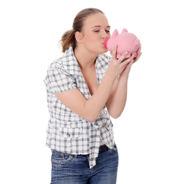 Woman Kissing Her Piggy Bank — Stock Photo, Image