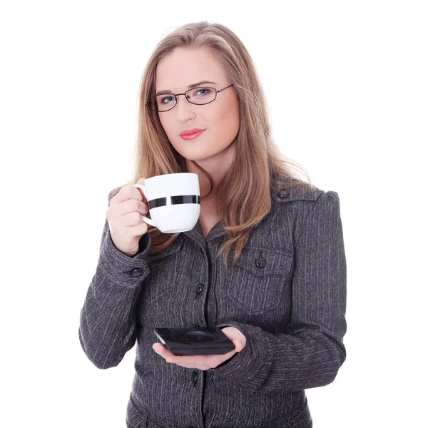 Retrato Uma Mulher Negócios Bonita Terno Bebendo Café Chá Isolado — Fotografia de Stock