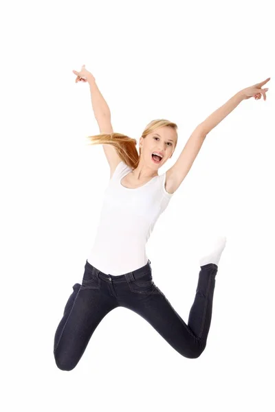 年轻快乐的白种女人跳在空中 在白色背景上孤立 — 图库照片