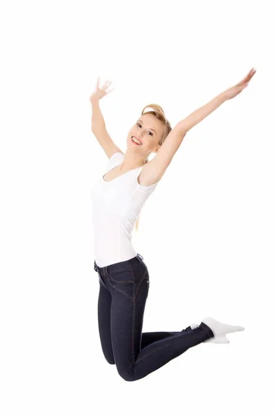 白い背景で隔離の空気で跳んで若い幸せな白人女性 — ストック写真