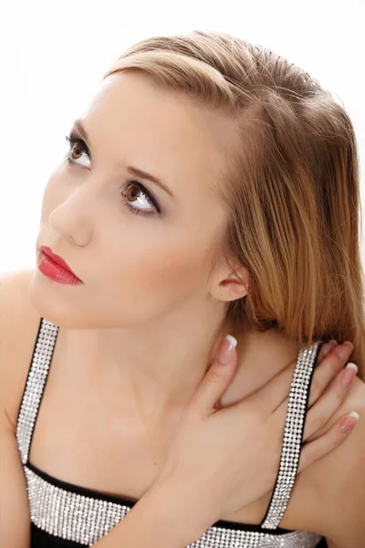 Primer Plano Retrato Sexy Mujer Joven Caucásica Con Elegante Maquillaje —  Fotos de Stock