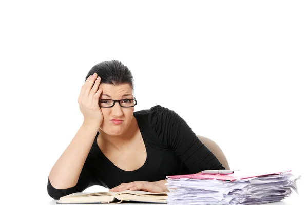 Bored Young Student Woman Desk Isolated White Background — Stock Photo, Image