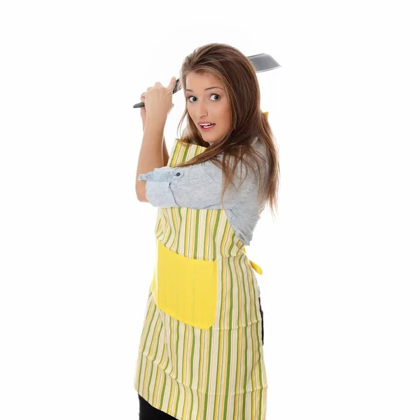 Mujer Joven Enojada Cocinando Aislada Blanco —  Fotos de Stock
