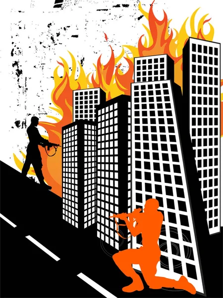 Illustration Hommes Uniforme Armés Pour Combattre Devant Des Maisons Flammes — Photo