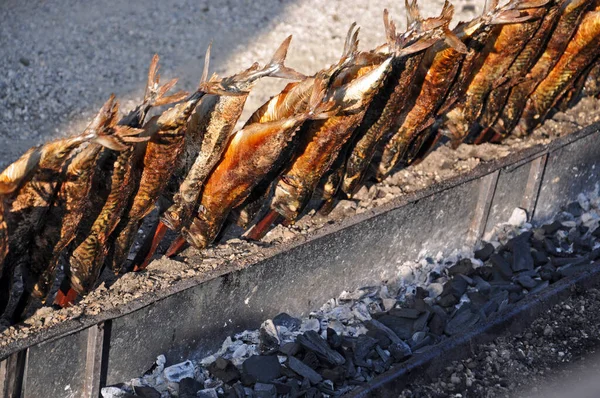 Steckerlfisch Grillezett Makréla Egy Bottal Egy Tipikus Étel Amit Meg — Stock Fotó