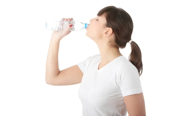 Ung Vacker Kvinna Med Flaska Mineralvatten Isolerad Vit Bakgrund — Stockfoto