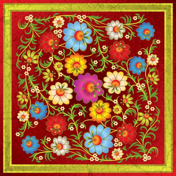 Ornement Floral Abstrait Avec Des Fleurs Sur Fond Rouge Grunge — Photo