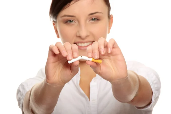 Stoppen Met Roken Vrouw Geïsoleerd Witte Achtergrond — Stockfoto