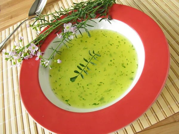 Zuppa Erbe Selvatiche Con Erba Meadowfoam — Foto Stock