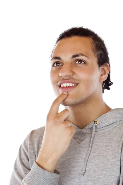 Σκούρο Δέρμα Νεαρός Άνδρας Φαίνεται Χαρούμενος Zukunft Freigestellt Μια Λευκή — Φωτογραφία Αρχείου