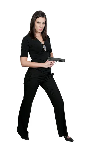 Beautiful Police Detective Woman Job Gun — Stock Photo, Image