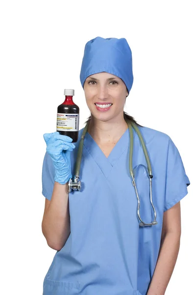 Uma Mulher Médica Segurando Uma Garrafa Medicação Prescrita — Fotografia de Stock