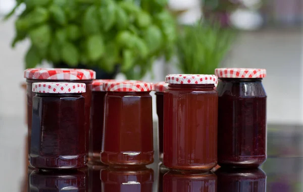 Jars Fresh Homemade Jam Berries Wooden Table — Stock Photo, Image