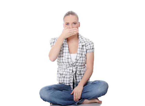 Young Woman Covering Her Mouth Isolated White — Stock Photo, Image