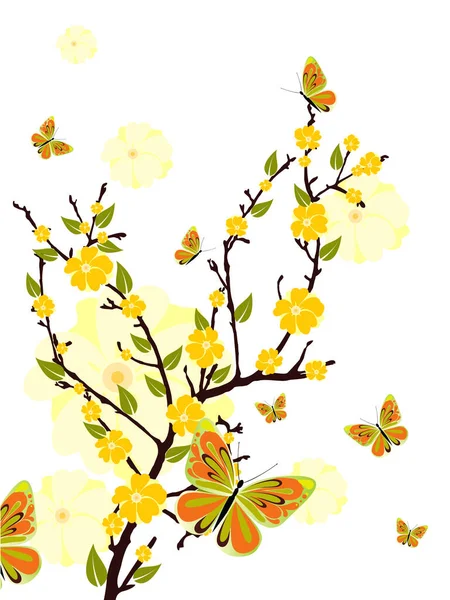 イラスト 蝶は黄色の花の枝の周りを飛ぶ — ストック写真