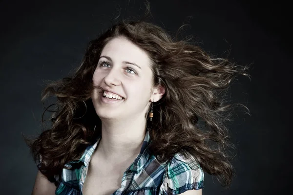 Young Brunette Woman Long Flying Hair Studio Shot Royalty Free Stock Images