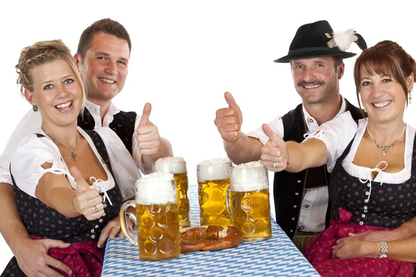 Bavarian Girl Men Pints Beer Holding Thumbs Isolated White Background — Stock Photo, Image