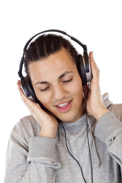 Young African Man Headphones Enjoys Mp3 Music Isolated White Background — Stock Photo, Image