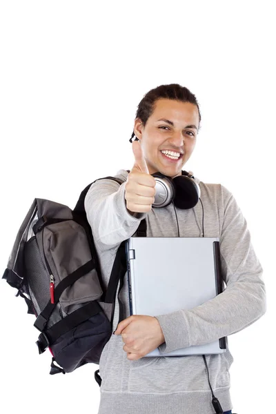 Sırt Çantası Dizüstü Bilgisayarı Olan Koyu Tenli Bir Öğrenci Beyaz — Stok fotoğraf