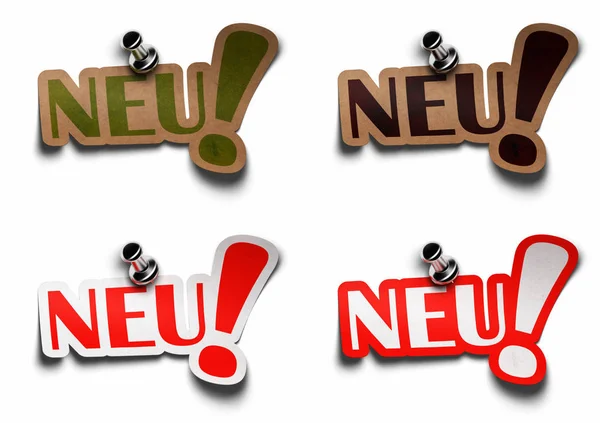 Neu Woord Stickers Met Metalen Pushpins Verschillende Texturen Rood Bruin — Stockfoto