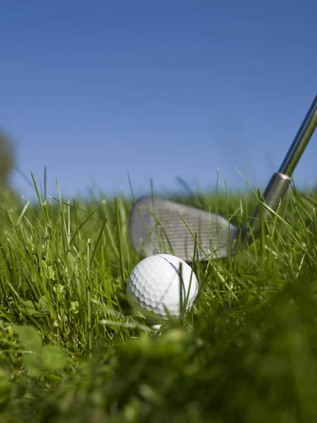 グリーン グラウのゴルフボールとゴルフクラブ — ストック写真