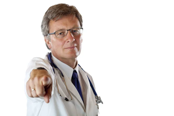 Pewien Główny Lekarz Daje Palcem Wskazującym Jasny Układ Izolowany Białym — Zdjęcie stockowe