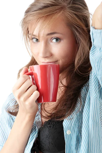 Beautiful Young Woman Drinks Morning Coffee Tea — Stock Photo, Image