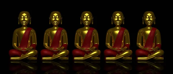 Fem Gyllene Buddhaer Svart — Stockfoto