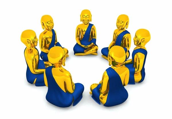 Meditáció Hét Buddha Körében Aranykék — Stock Fotó