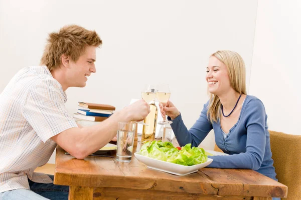 Happy Couple Enjoy Wine Eat Salad Kitchen Stock Photo